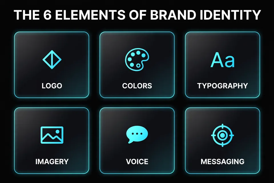 Diagram of the six elements of brand identity: logo, colors, typography, imagery, voice, messaging