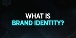 What is brand identity, custom graphic with glowing cyan typography on black