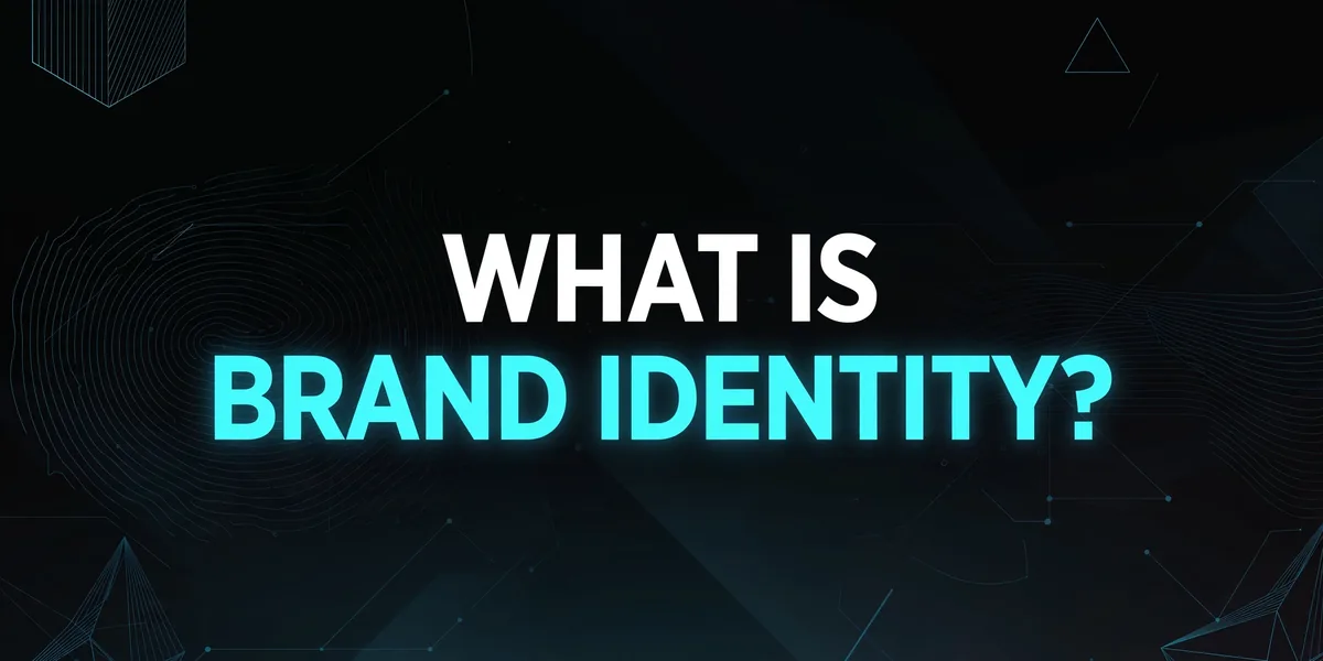 What is brand identity, custom graphic with glowing cyan typography on black